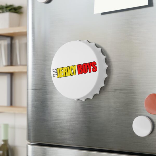 The Jerky Boys Logo Magnetic Bottle Opener on fridge